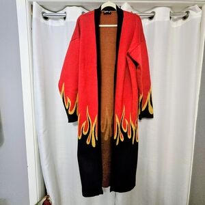 Rehab Flame Sweater Coat Girl On Fire Womens L Knit Long Oversized Spirit Fan